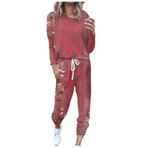 Conjunto casual para mujer, camiseta de cuello redondo suave y pantalones deportivos con cordón, pijama y ropa de descanso de inspiración vintage de 2 piezas, 06-Rojo, 3XL