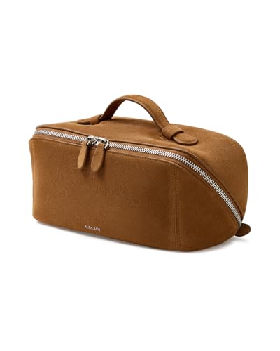Image of EACHY Leather Makeup Bag, Portable 180 Wide-Open Flat Cosmetic Bag for Women, Large Capacity Make Up Organizer Makeup Pouch with Divider and Handle