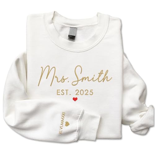 GODMERCH Custom Embroidered Mrs Sweatshirt - Personalized Future Mrs Hoodie, Bride Sweatshirts, Honeymoon Crewneck, Gift for Her Bride to Be Wedding Engagement Bridal Shower Bachelorette Party