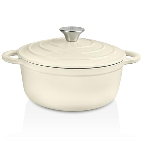 Trustmade Horno holandés de hierro fundido de 3 cuartos de galón, olla con revestimiento de esmalte con tapa autohilvanada para hornear en casa, estofador, cocinar, color blanco