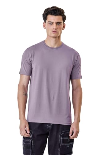 Image of SNITCH Men Slim Fit Cotton Lycra T-Shirt | Minimalist Pullover Short Sleeve Crew Neck Styling | Breathable Stretchable Soft Texture Casual Everyday Wear Plain Tee