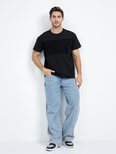 Men’s Customizable Black T-Shirt with Patches Area, Regular Fit, Boat Neck, Soft Cotton-Lycra Blend for Personalization