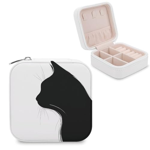 Jubonexis Joyero minimalista pequeño con diseño de gato y organizador de joyas portátil de piel sintética, mini estuche de viaje