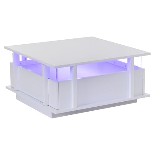 Mesa de centro blanca con LED y cajones Anself de 70x70 cm para el salón de casa 3
