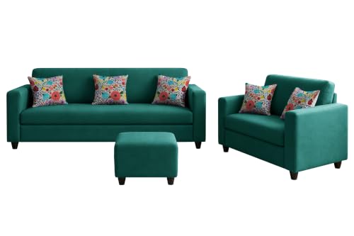 Image of Rosebell 3+2 Fabric Sofa Set with Ottoman | Premium Upholstery 5-Seater Sofa | with Printed Cushions | Living Room Furniture |Green-Color