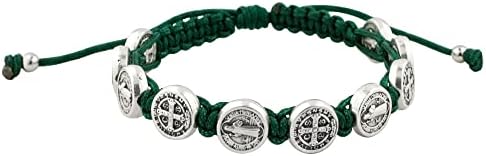 Woven Bracelet with 10 Saint Benedict Medals | Hunter Green Cord and Silver Tone Metal Beads | Patron Saint of Students and Europe | Great Catholic Gift for First Holy Communion and Confirmation image 3