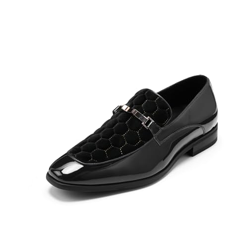 YFFUSHI Mocassins Homme en Verni Cuir et Velours avec Fermoir Métallique Chaussures de Ville Elégantes Décontractées Mariage Loafers, Noir, 44 EU