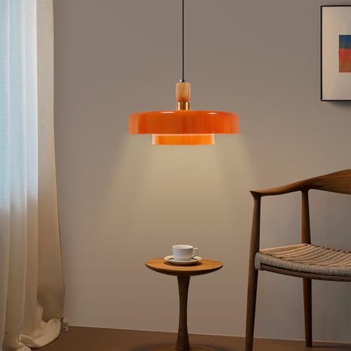 Image of Retro Orange Disc Pendant Light, Mid Century Modern Adjustable Hanging Lighting, 70s Style Hanging Lamp with Wood Accent for Living Room Kitchen Island