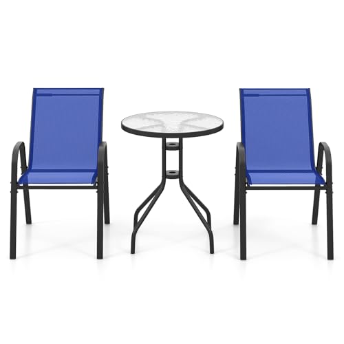 GIANTEX Conjunto de Muebles de Jardín 3 Piezas, 2 Sillas de Tejido Transpirable y 1 Mesa de Café con Tablero de Vidrio, Sillas Apilables, Marco de Metal, Juego de Bistró para Patio, Balcón (Azul)