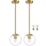 Bagood 6' Globe Pendant Light Gold 2 Pack Mid Century Pendant Light Globe Pendant Lights Kitchen Island Brushed Brass Finished with Clear Glass Adjustable Ceiling Light Fixtures for Dining Room Bar