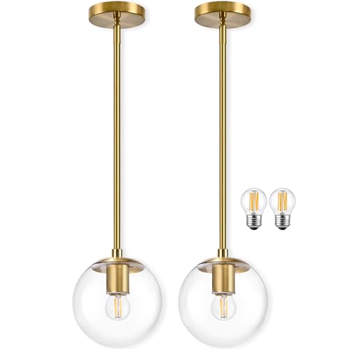 Bagood 6" Globe Pendant Light Gold 2 Pack Mid Century Pendant Light Globe Pendant Lights Kitchen Island Brushed Brass Finished with Clear Glass Adjustable Ceiling Light Fixtures for Dining Room Bar