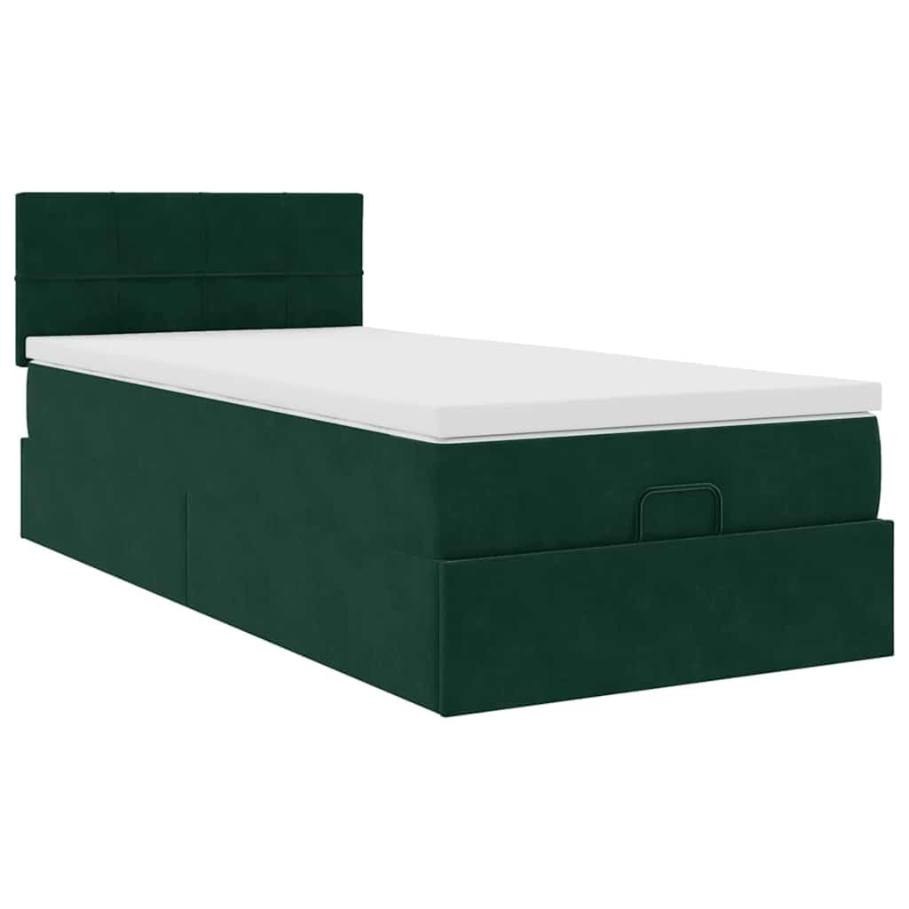 Juego otomana con colchón e iluminación LED, color verde oscuro, 100 x 200 cm, terciopelo doble, con espacio de almacenamiento, cama tapizada, cama de metal, cama infantil, sofá cama