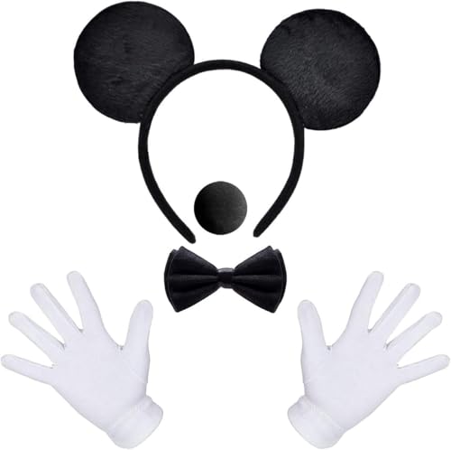 iZoeL Damen Herren Maus Mouse Kostüm Haarreifen mit Maus Ohren + Handschuhe + Nase+Krawatte für Fasching Karneval Motto Cosplay Party