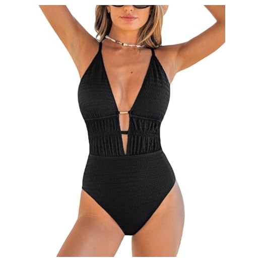 CUPSHE Damen Badeanzug Tiefer V Ausschnitt Strappy Tiefer Rückenausschnitt Schnürung Texturierte Einteilige Bademode Swimsuit Schwarz S