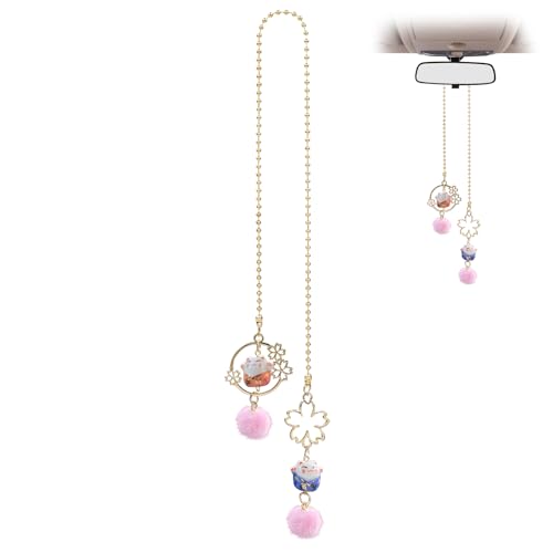 KGCGJVB Cat Rear View Mirror Accessories for Car Interior Decor Hanging Charm Japanese Cherry Blossom Dangle Charms Cute Asian Style Lucky Cats Chinese Lucky Charm Pair for Vehicle