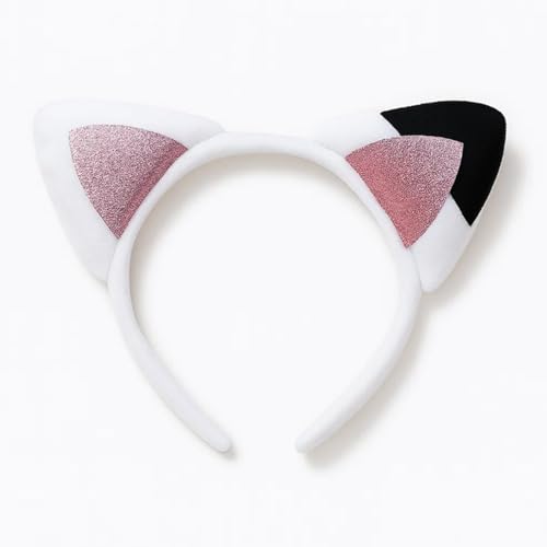 Grion White Sparkly Plush Cat Ear Headband with Pink Glitter Accents - Adjustable Asymmetric Elastic Hair Band for Costume Parties Cosplay Halloween Festivals and Themed Events