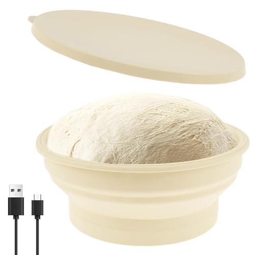 Sourdough Starter Warmer, 4 Gears Electric Thermostatic Silicone Batter Bowl, 9 Inch Foldable Bread Proofing Basket, Adjustable Heating Sourdough Bread Baking Supplies with Lid