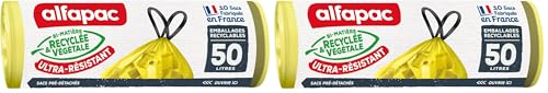 Alfapac - 10 sacs-poubelle 50L à lien coulissant ultra-résistant - tri des emballages - fabriqués en France - bi-matière recyclée & végétale (Lot de 2)