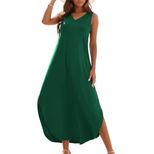 Zilcremo Women's Summer Casual Loose Sundress Long Dress Sleeveless V Neck Split Tshirt Maxi Dresses Small Green