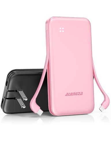 Alongza Portable Charger Built-in Cables and AC Wall Plug, Slim Fast Charging Power Bank 10000mAh, Lightweight USB C External Battery Pack Compact Travel Cell Phone Charger, 2 Pack Black & Pink