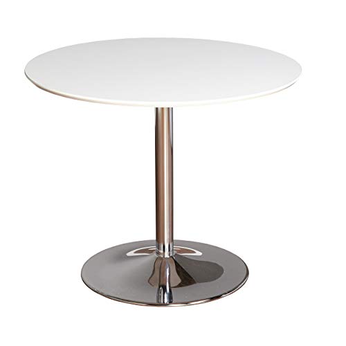 SilkWood Studio Pisa 35" Round Dining Table, Seats 2–4, Compact Retro Design Kitchen Table for Small Spaces with Modern Chrome Plated Pedestal Base, Snow White