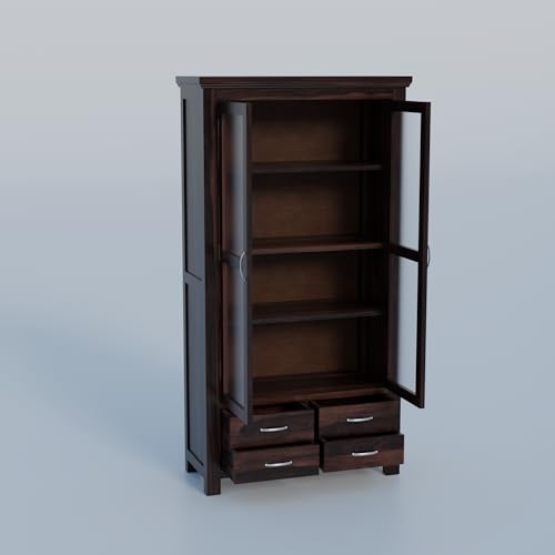 Image of Krishna Wood Decor Wood Big Book Shelf for Home Library | Wooden Bookshelf Cabinet with Acrylic Glass Door Storage | Home Furniture Crockery Kitchen Cabinet | Books Rack for Shelves | Walnut Finish