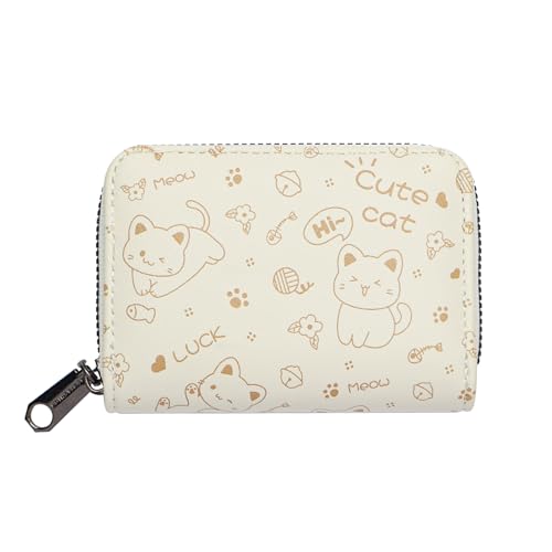 Wallet Kitten Cats Women Small Wallet for Women Textured Leather Bifold Compact Blocking Card Bag for Women with Zipper Coin Pocket,Students Cute Purse, Light Brown