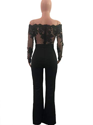 Ophestin Women Sexy Off Shoulder Floral Lace Long Sleeve Bodycon Wide Leg Jumpsuits Rompers with Belt Black L