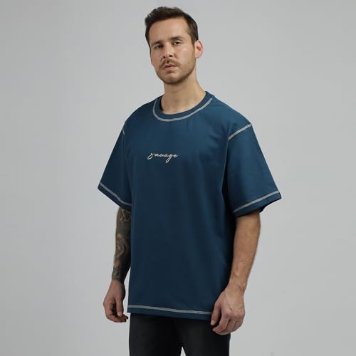 Image of BE SAVAGE 240 GSM Ultra Premium Heavyweight Oversized T Shirt for Men with Embroidered Savage in Front Drop Shoulder T Shirts for Men Embroidery T Shirt