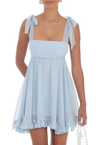 Image of Women Y2k Tie Shoulder Mini Dress Sleeveless Flowy Babydoll Dress Boho Floral Aline Short Sundress