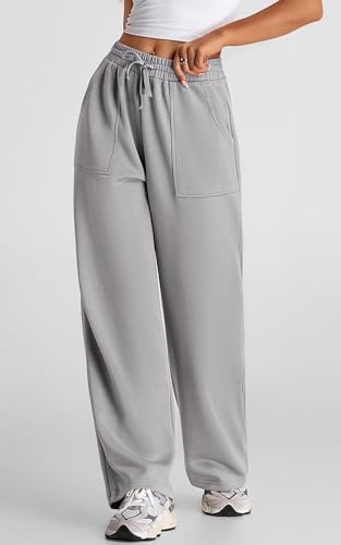 Image of Q - RIOUS Women's Wide Leg High Waisted Baggy Lounge Sweat Pants Drawstring Athletic Flared Joggers with Pockets