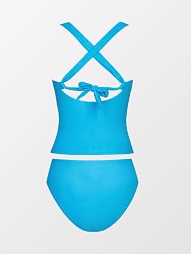 Cupshe Tankini Bathing Suit For Women V Neck Ruched Tankini Tops Two Piece Swimsuit O-Ring Cross Back Self Tie Mid Rise M, Deep Sky Blue #TOP4