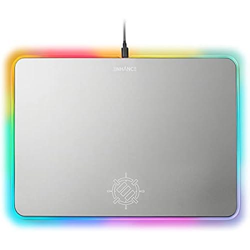 ENHANCE Metal LED Gaming Mouse Pad - Metal Mouse Pad with Large Aluminum Alloy Surface, Multi-Color Transparent Edges, Non-Slip Rubber Grip, & Sleek Precision Tracking for Esports - Silver