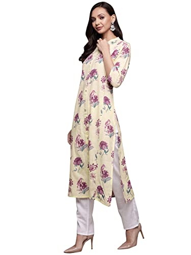 Image of ishin Women's Cotton Cream Embellished A-Line Kurta