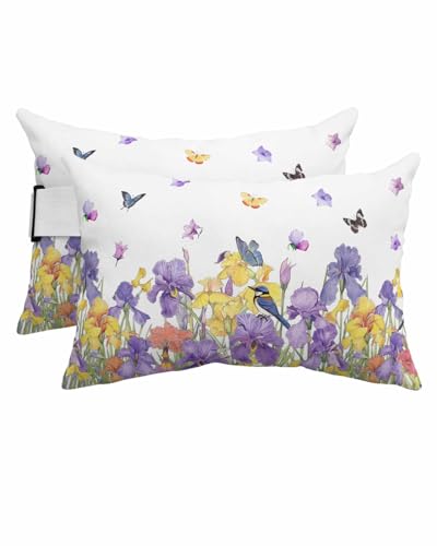 Outdoor Pillows Covers with Inserts Spring Watercolor Purple Iris with Birds White Texture Waterproof Pillow with Adjustable Strap Throw Pillows for Patio Furniture Pool Lounge Chair, 11x16 Inch, 2PCS