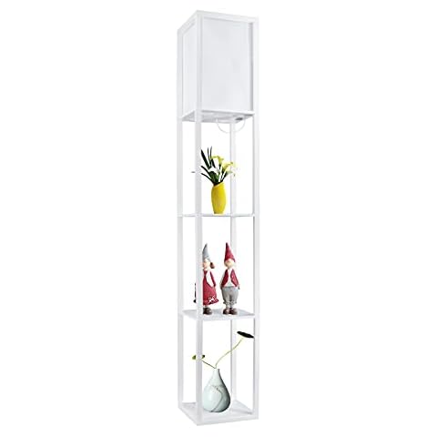 DEANIC Floor Lamp with Shelves, 3 Layers Wooden Shelf Tall Standing Lamp Modern Reading Lamp for Bedroom, Living Room, Office, Home Decoration (Size:26x 26x 160 cm) (Without Bulb)-White Cover