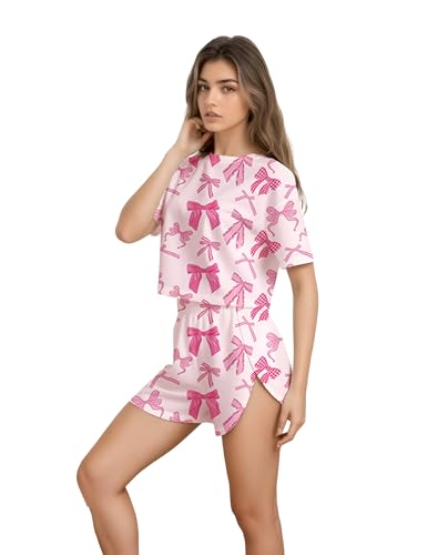 Image of Split Short Pajama Set Soft Women's Striped Pajama Sleeve Tee & Elastic Waist Shorts Summer Lounge Sleepwear