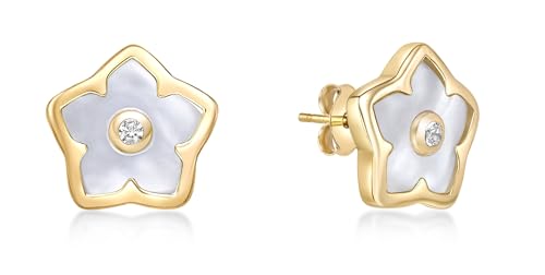 Black Onyx, Malachite or Mother of Pearl Pentagon Shape Star Stud Earrings for Women in 925 Sterling Silver and Yellow Gold Plating with White Sapphire Flower Push Back Studs by Lavari Jewelers