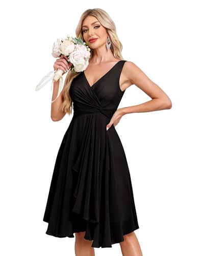 Image of Women's V Neck Short Bridesmaid Dresses 2025 Ruched Waist A Line Chiffon Formal Cocktail Party Dress