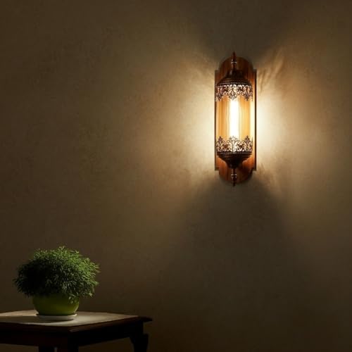 Image of Keylus Antique Wall Light for Living Room Bedroom Corridor, Moroccan Lantern Style Metal & Glass Wall Sconce, (Bilb Not Included),Pack of 1