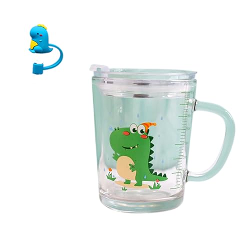 Banzimiao Vaso cristal con tapa y pajita, Cristal transparente con paja, 350 ml Tazas Medición Vaso Leche para Café Jugo Té Helado,Dinosaurio,350 ml (E)