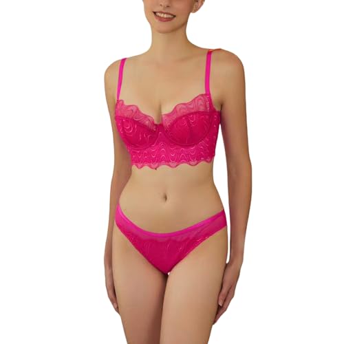 MOONBADI 下着 レディース 上下セット ナイトブラ 夏用 セクシー レース フルカップ ウイング ブラジャー 揺れない 脇高 吸汗速乾 大きいサイズ ハイサポート ピンク ブラジャー ショーツ 75D