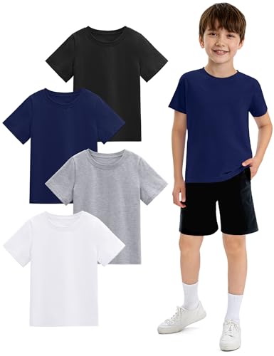 4 Pack Boys White T Shirt Cotton Kids Crew Neck Short Sleeve Soft Tee Shirt School Top Tshirt for Children 10-12 Years