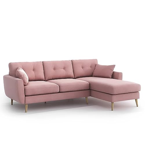 Image of BRAXTON Lindel RHS 4 Seater L Shape Sofa Set for Living Room (Pink) Premium Velvet Fabric Sofa