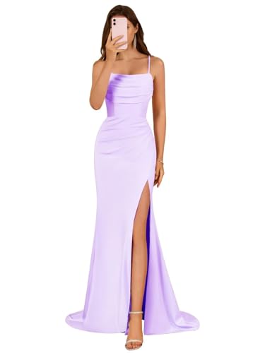 Image of Satin Bridesmaid Dress for Women 2025 Spaghetti Straps Mermaid Prom Dresses with Slit Evening Dresses KN003