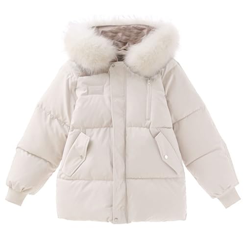 womens winter coats fashion Full-Zip Puffer Jacket cute girls soild Puffy Bubble Outerwear with Faux Fur Removable Hood