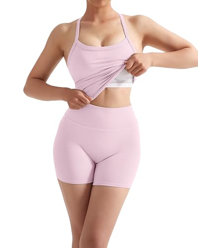 Image of SUUKSESS Women 2 Piece Workout Sets High Waisted Tummy Control Biker Shorts Halter Padded Tank Tops
