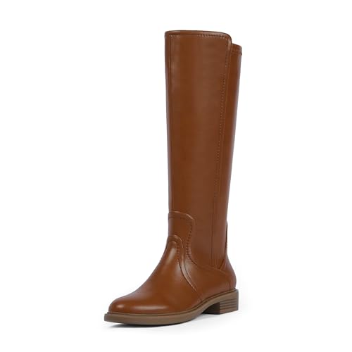 QIY Knee High Brown Boots Women Boots Fall 2025 Long Brown Boot for Women Chunky Dress Round Toe Leather Heeled Flat Low Heel Tall Boot Size 8