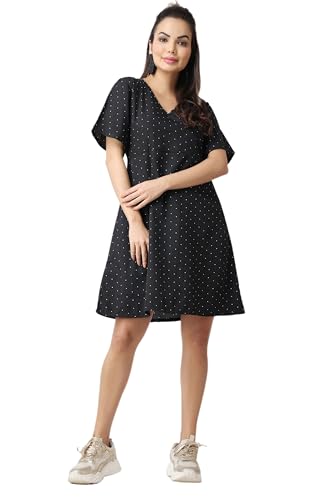Image of POPWI1NGS Casual Printed V-Neck Short Sleeves Knee-Length Fit and Flare Dress for Women || Frokc-Style Summer Wear Dresses for Women || Loose-Fit Comfortable Women Dress for Regular Wear