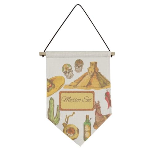 Drapeau Mexicain en toile Sombrero Mexico avec motif cactus du désert à suspendre